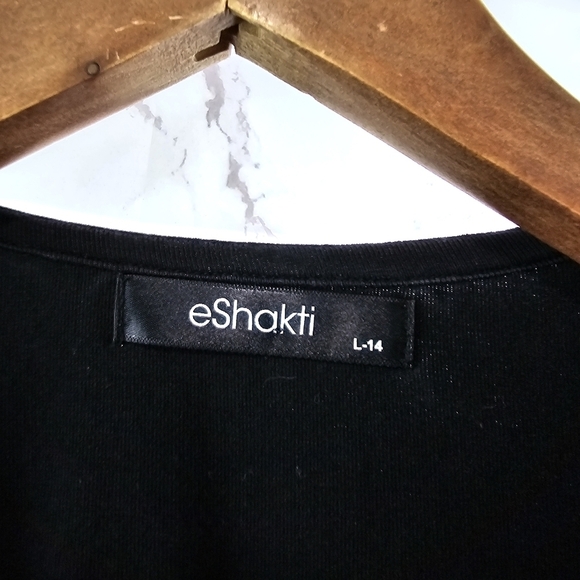 eshakti Top Womens Large 14 Black Floral Embroidered Mesh Pleated Long Sleeve V - Picture 3 of 12